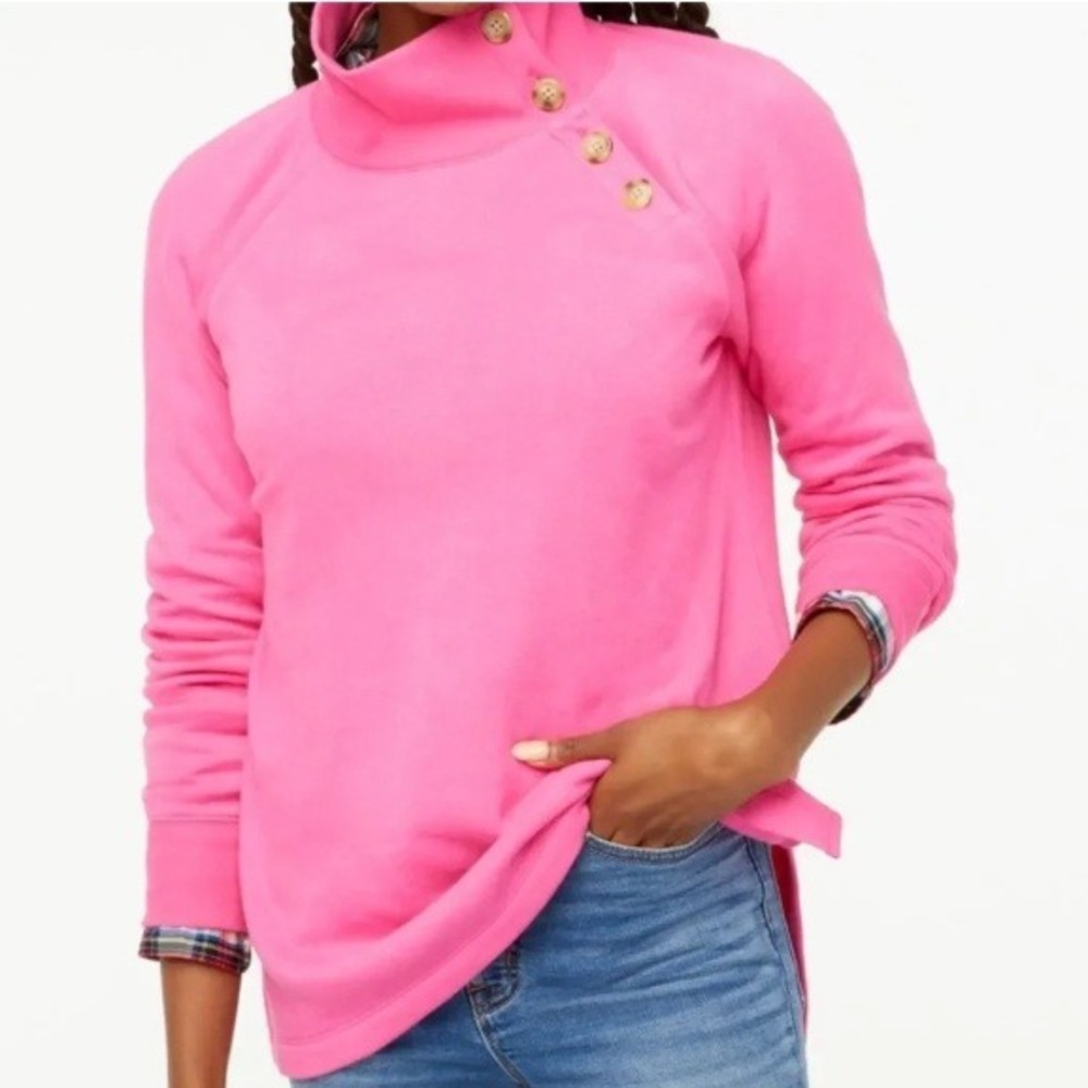 J.Crew Wide Button-Collar Tunic Sweatshirt Cloudspun Fleece Pink Medium